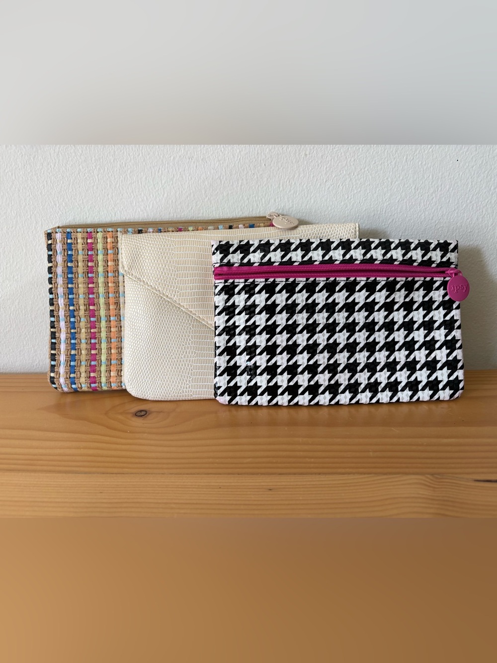Lot of 3 Ipsy Glam Bag Cosmetic Pouches - Woven, Snakeskin & Houndstooth Prints